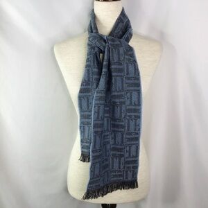 Vtg London Fog LF Scarf Lamb’s Wool Lightweight Checkered Fringe Gray Blue